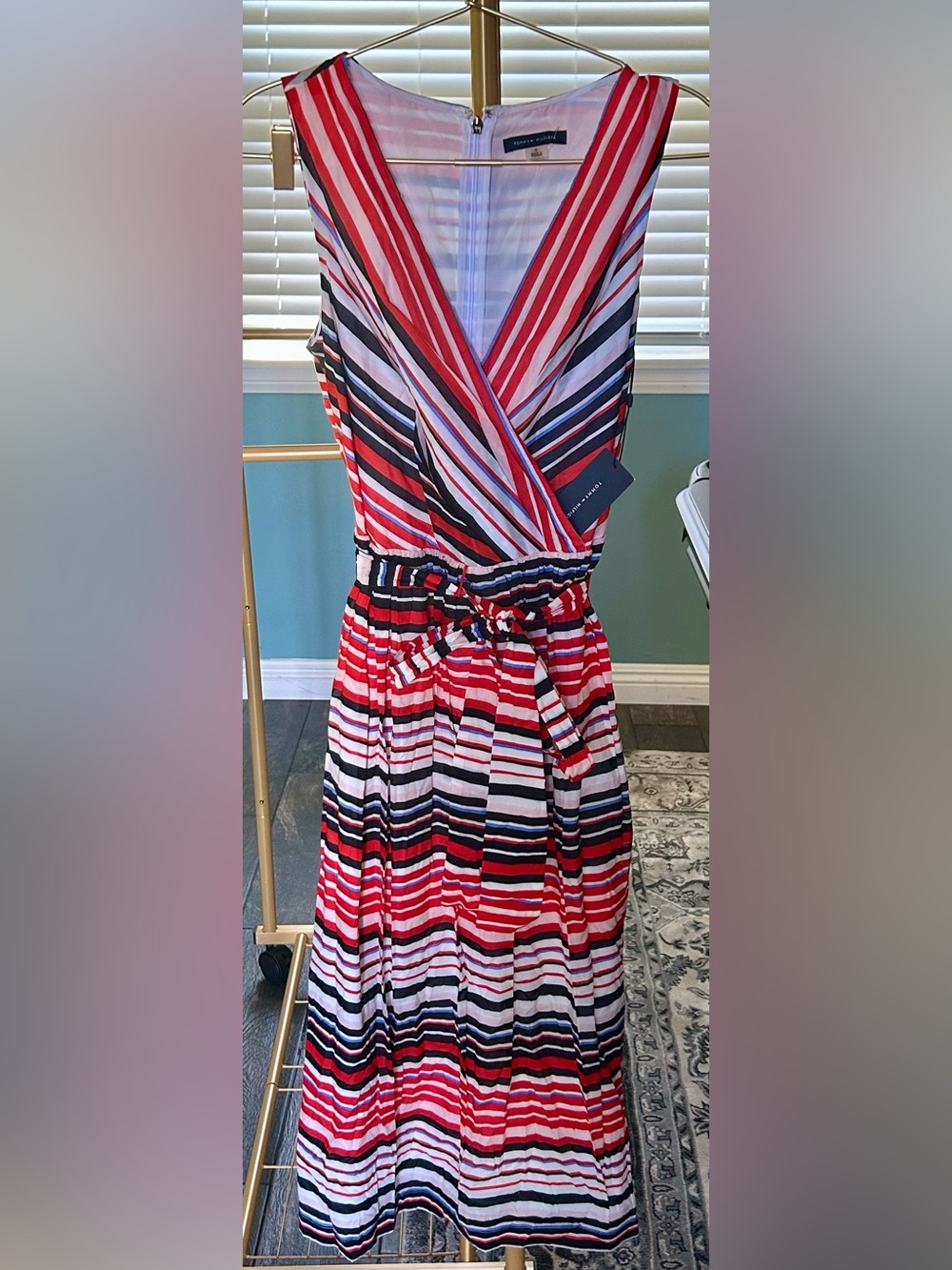 Tommy Hilfiger Striped V-Neck Belted Midi Dress - Red, White & Navy NWT